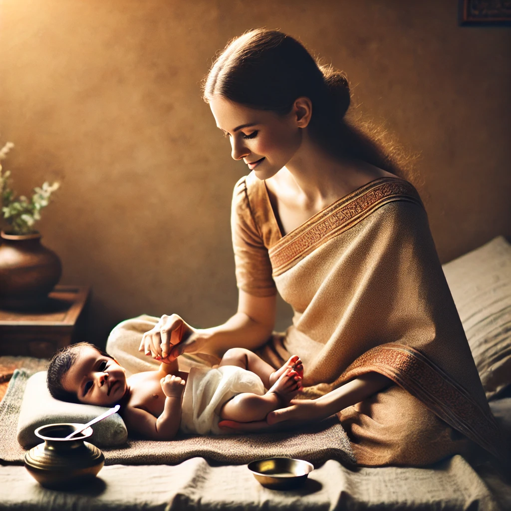 DALL·E-2024-09-24-18.13.00-A-peaceful-scene-of-a-mother-gently-massaging-her-newborn-baby.-The-baby-is-lying-on-a-soft-cloth-on-a-comfortable-surface-while-the-mother-uses-warm Newborn Care Guide and Tips: Modern Advice and Traditional Indian Practices from the 1950s