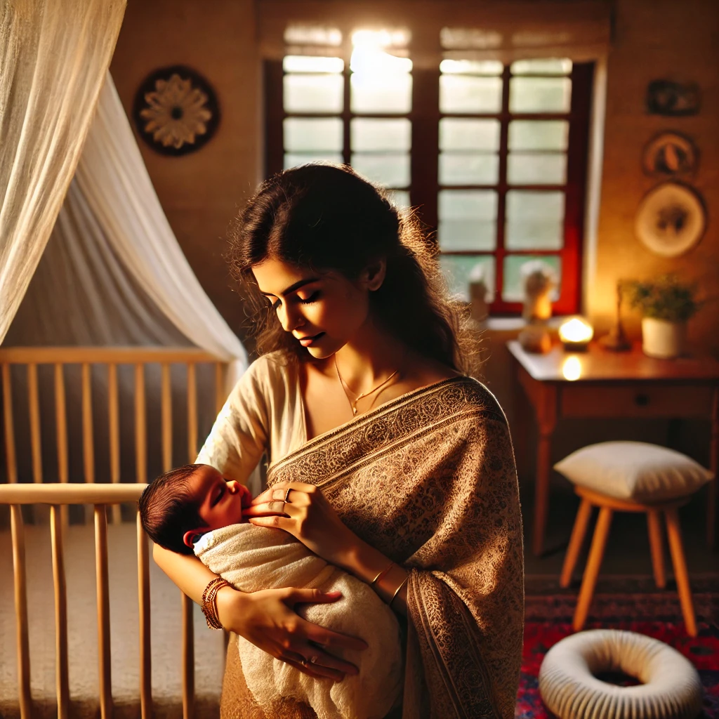 DALL·E-2024-09-24-18.13.33-A-serene-scene-of-a-mother-caring-for-her-newborn.-The-mother-is-gently-holding-the-baby-wrapped-in-a-soft-blanket-with-a-calm-and-nurturing-express Newborn Care Guide and Tips: Modern Advice and Traditional Indian Practices from the 1950s