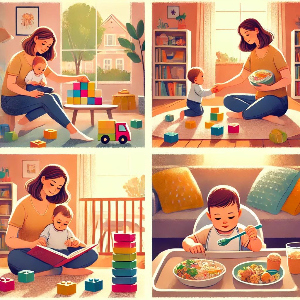 DALL·E-2024-09-24-18.30.17-A-warm-and-cozy-scene-of-a-mother-guiding-her-toddler-through-daily-activities.-In-one-part-of-the-scene-the-toddler-is-playing-with-colorful-buildin Toddlers and Preschoolers