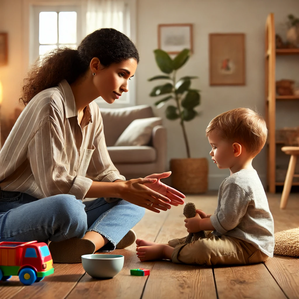 DALL·E-2024-09-24-18.35.01-A-scene-showing-a-mother-calmly-managing-her-toddlers-behavior.-The-mother-is-kneeling-down-at-eye-level-gently-talking-to-the-toddler-after-a-tantr Behavior Management in Toddlers and Preschoolers