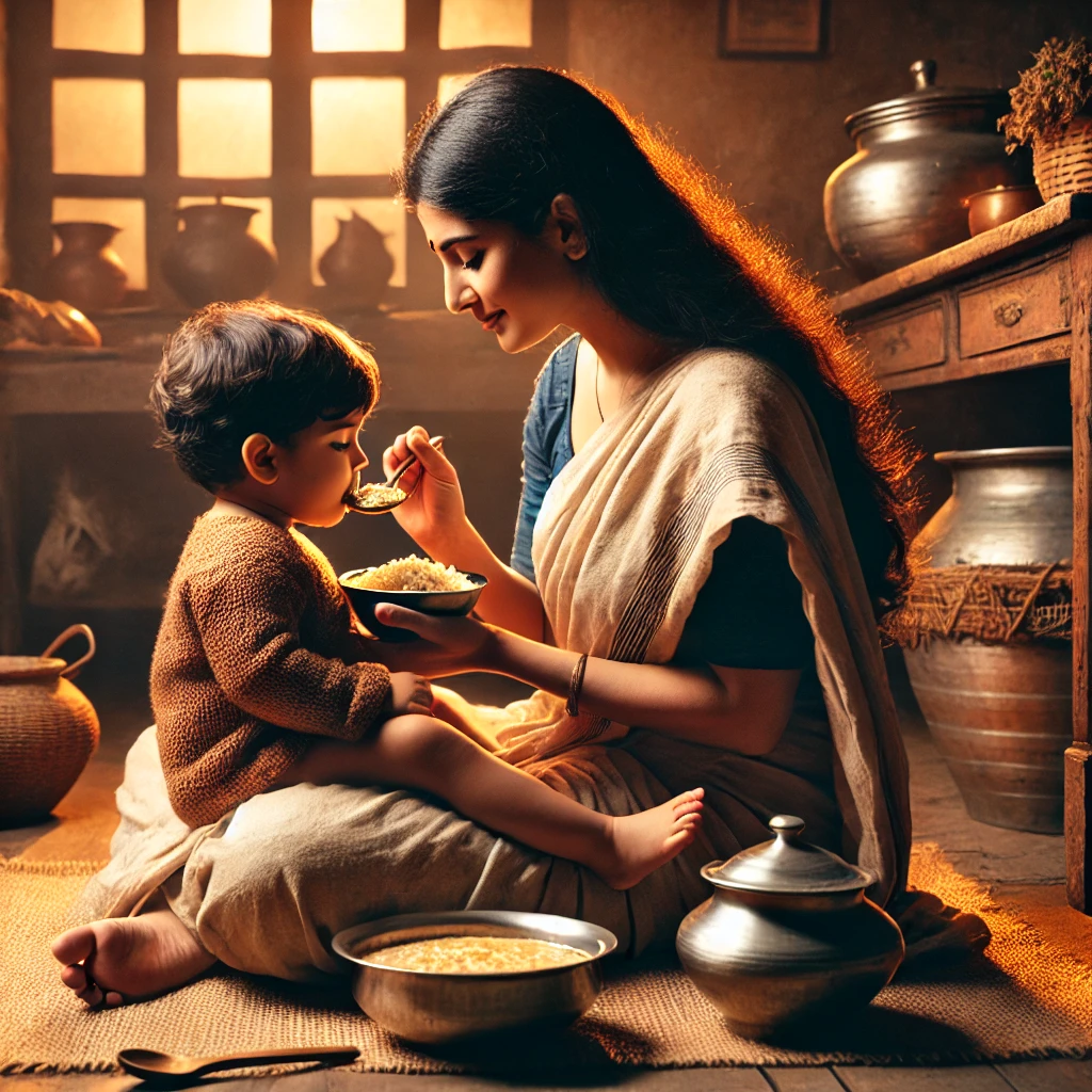 DALL·E-2024-09-24-18.40.04-A-warm-and-comforting-scene-of-a-mother-feeding-her-toddler-in-a-traditional-Indian-setting.-The-mother-is-sitting-on-the-floor-dressed-in-a-simple-s Traditional Food and Homemade Recipes