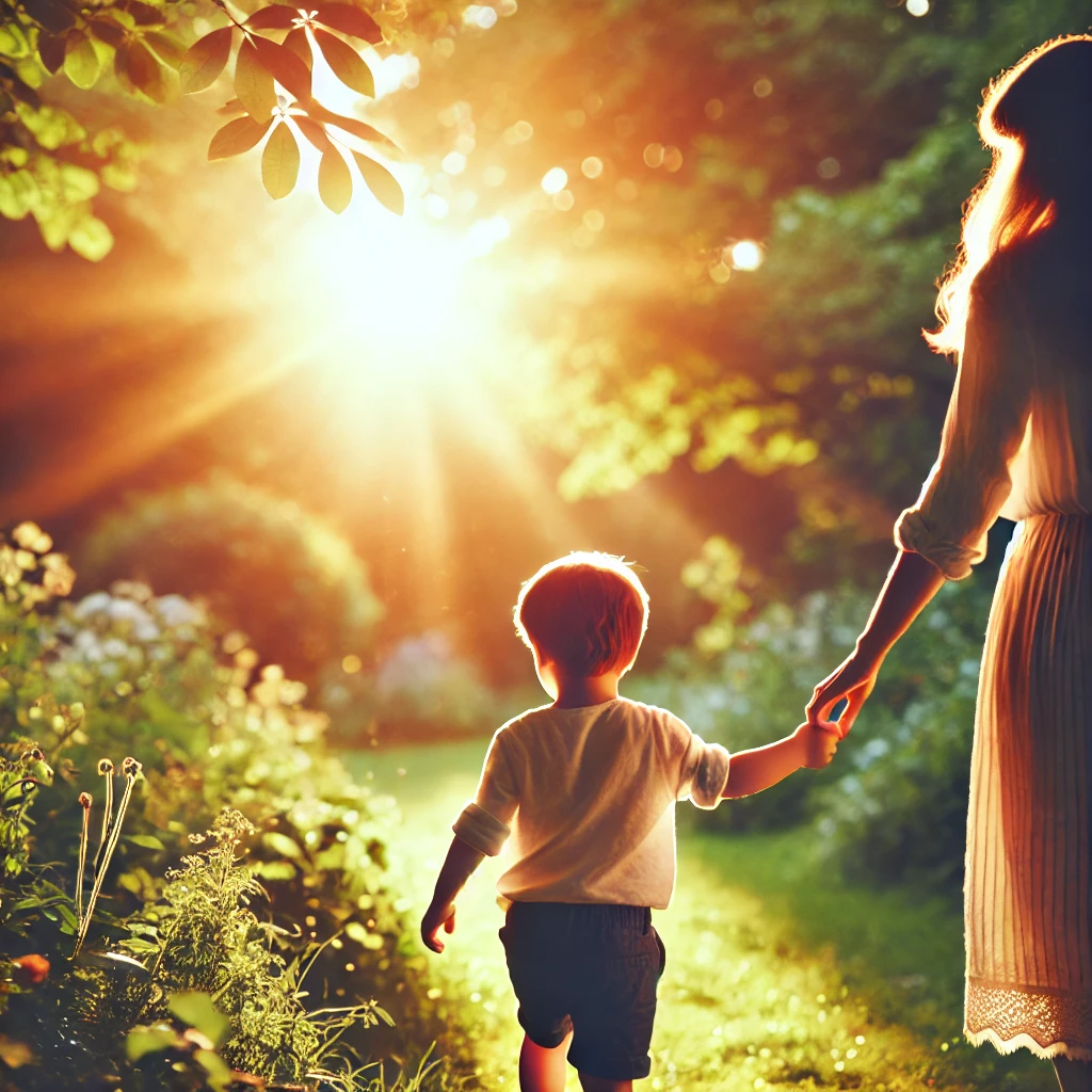 DALL·E-2024-12-16-15.58.36-A-heartwarming-image-of-a-mother-holding-her-childs-hand-while-walking-through-a-sunlit-park.-The-scene-is-filled-with-soft-light-vibrant-greenery- The Power of a Supporting Mother: Building Stronger Futures