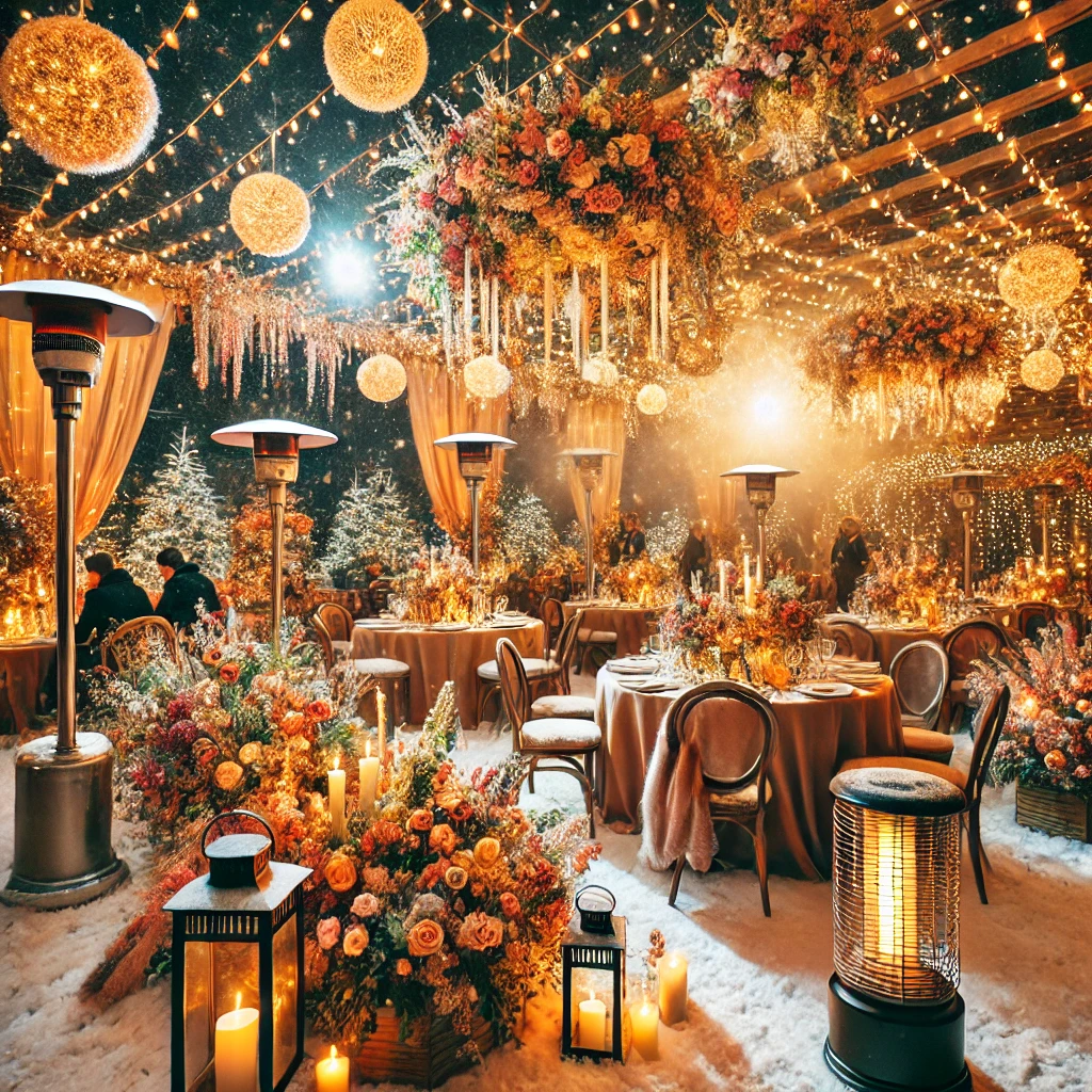 DALL·E-2024-12-23-10.23.50-A-vibrant-winter-wedding-venue-decorated-with-fairy-lights-floral-arrangements-and-heaters.-The-scene-captures-a-cozy-atmosphere-with-warm-golden-li Winter Weddings: A Rollercoaster of Emotions and Responsibilities for the Girl’s Side