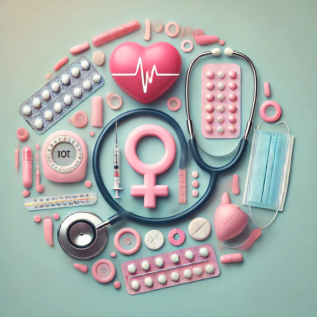 DALL·E-2024-12-24-11.30.19-An-artistic-representation-of-sexual-health-icons-such-as-a-stethoscope-contraceptive-pills-and-a-heart-arranged-against-a-soft-pastel-background- Empowering Women Through Sexual Health Awareness