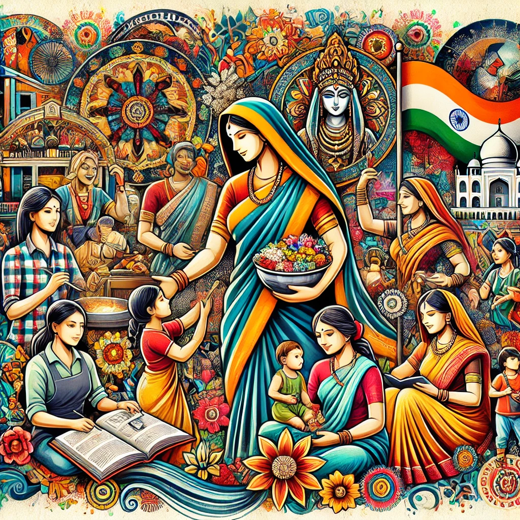 DALL·E-2024-12-26-10.42.31-An-artistic-and-vibrant-illustration-depicting-the-societal-and-cultural-roles-of-women-in-India.-The-image-showcases-women-engaged-in-various-activit Embracing Change: Society and Culture Through the Lens of Women