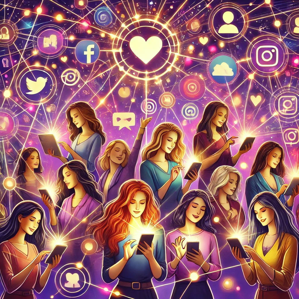 DALL·E-2024-12-30-10.29.59-An-inspiring-digital-illustration-representing-the-empowerment-of-women-through-social-media.-The-image-features-a-diverse-group-of-women-from-differe The Power of Social Media in Empowering Women