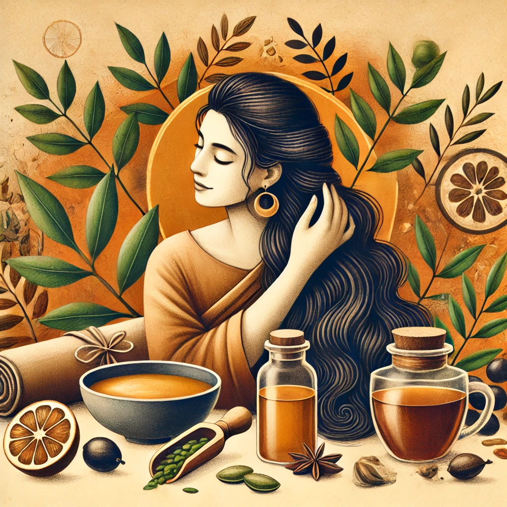 DALL·E-2024-12-31-10.35.50-A-serene-and-artistic-illustration-of-a-woman-applying-natural-oils-to-her-hair-in-a-cozy-warm-lit-setting-surrounded-by-natural-elements-like-amla-f Simple Tweaks to Prevent Grey Hair Naturally